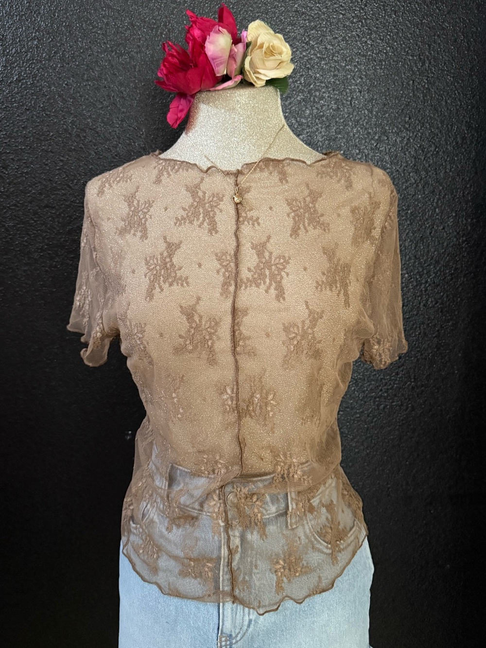 Sheer Lace Short-Sleeve Top in Brown